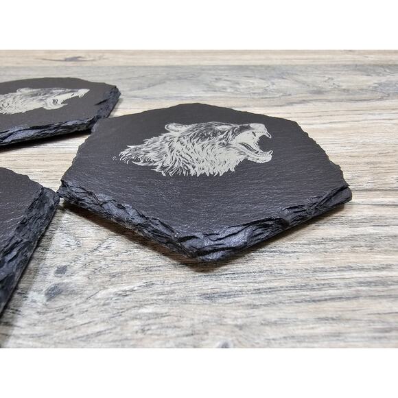 Engraved Stone Slate Black Coasters Bear Theme Set of 4 - Picture 3 of 4